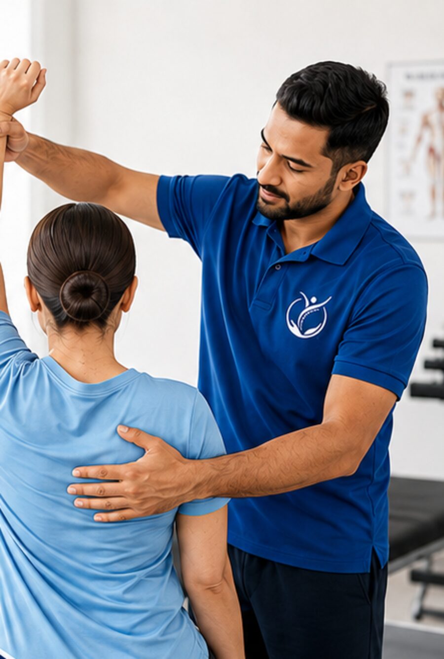 Isai Physiotherapy Clinic physiotherapist guiding a patient through a shoulder mobility exercise